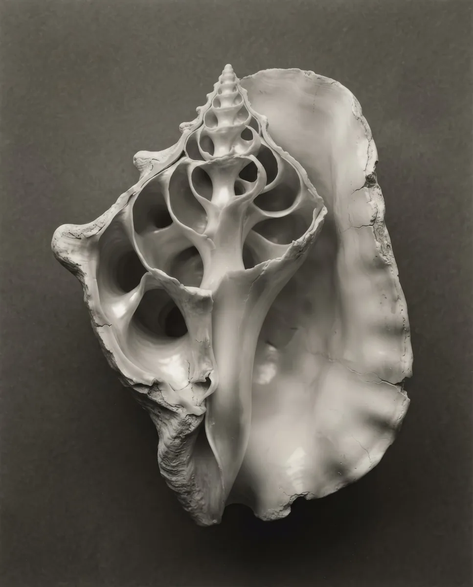 Black and white still life of a cut seashell spiral