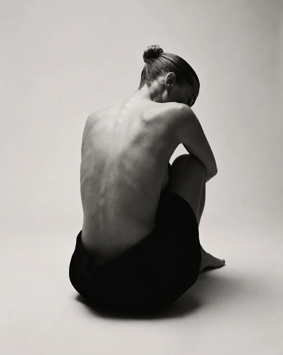 Black and white studio portrait of a seated figure from behind