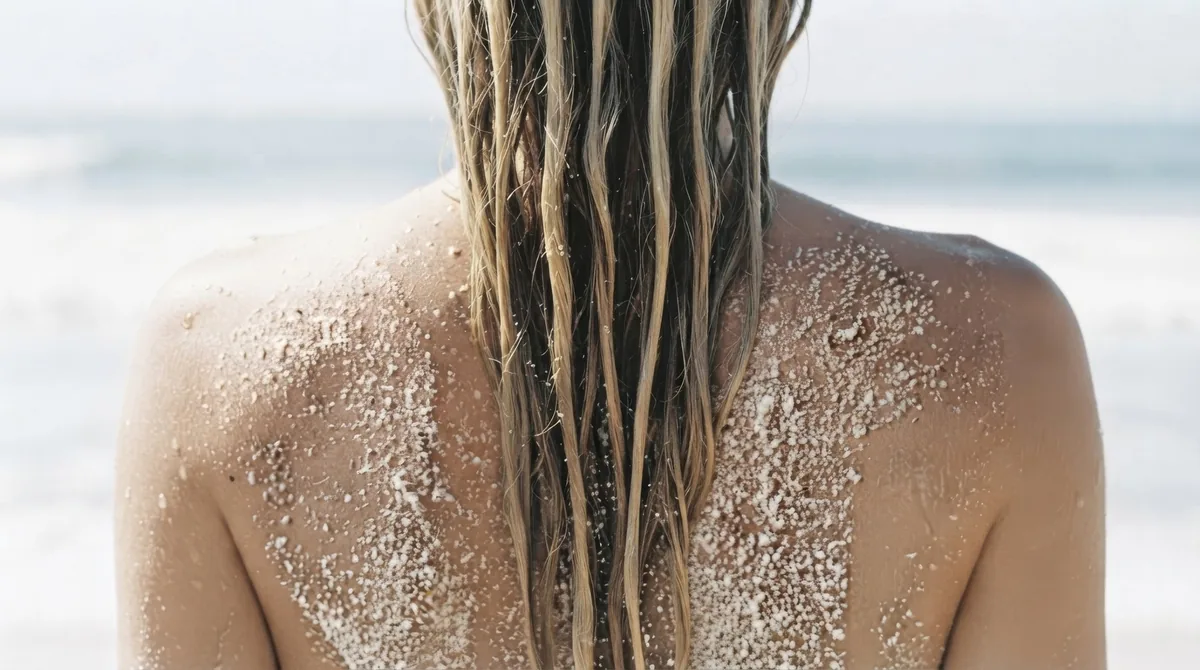 Sun-kissed back covered in sand with wet hair by the sea