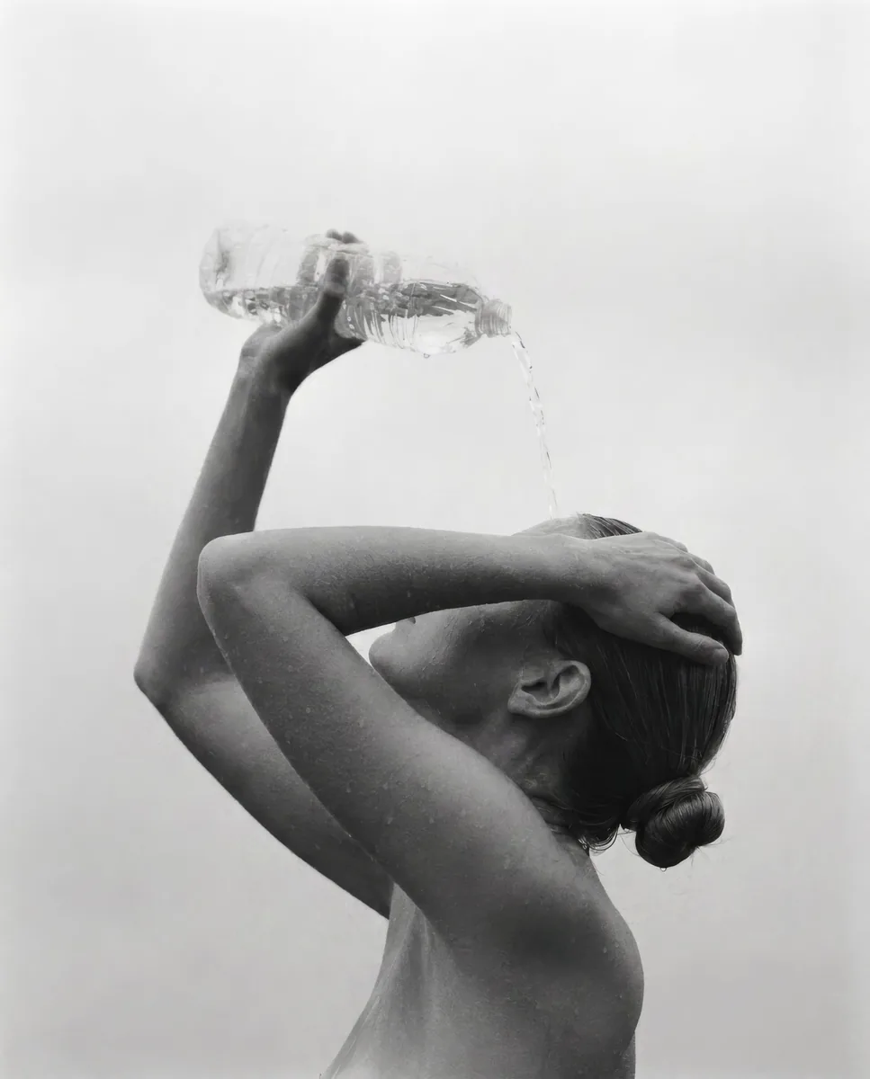 Black and white portrait of a woman pouring water over her head