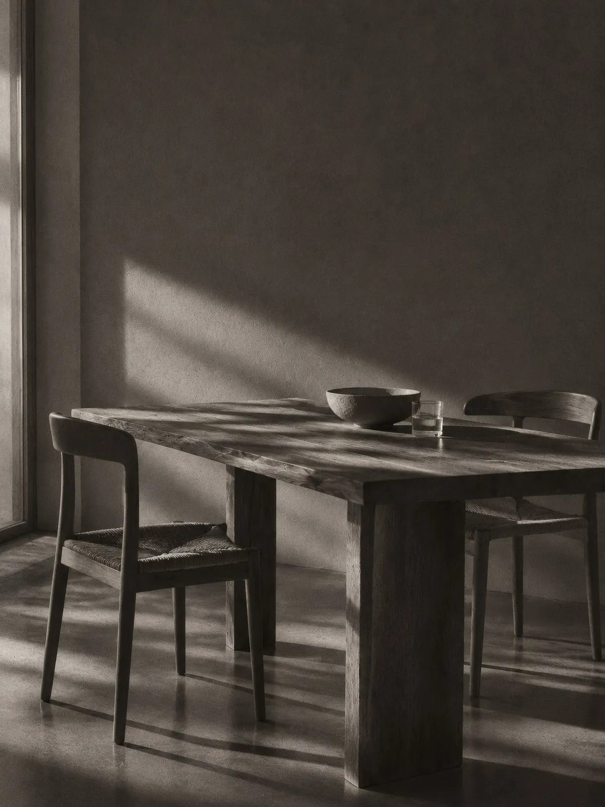 Sunlit minimalist wooden table still life