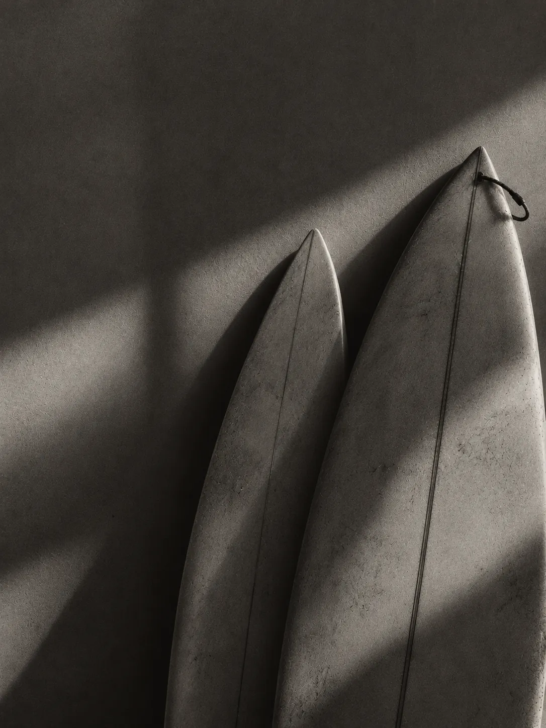 Two surfboards in soft morning shadow, black and white surf town aesthetic